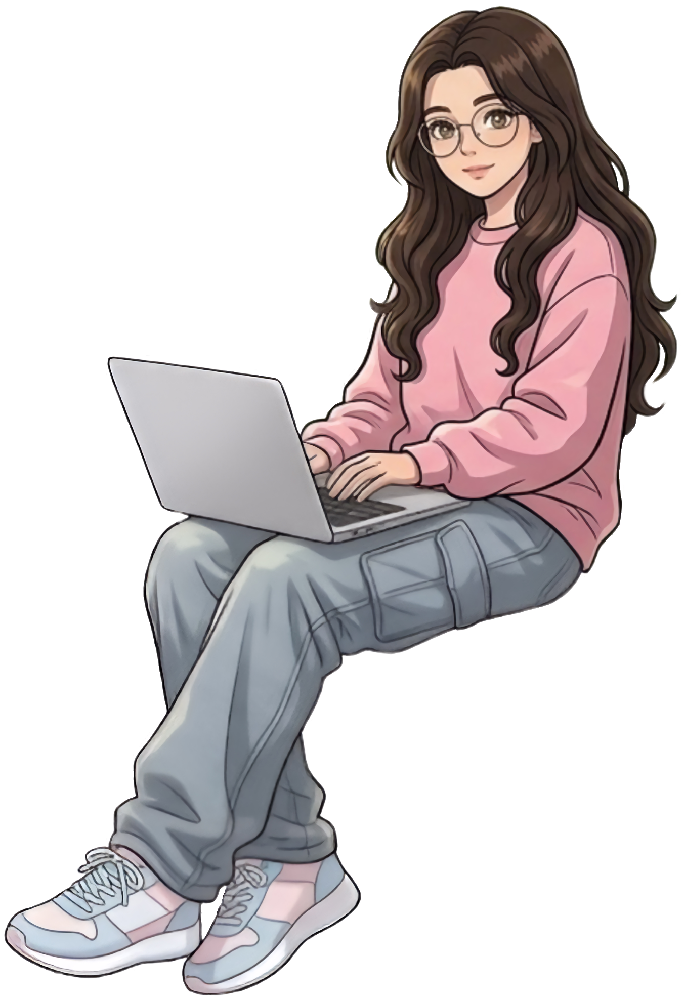 Character sitting with a laptop